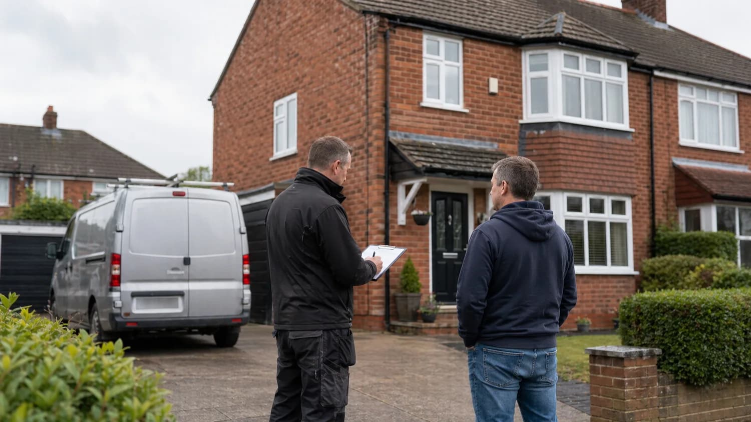 Roofer discussing a quote outside a Birmingham home
